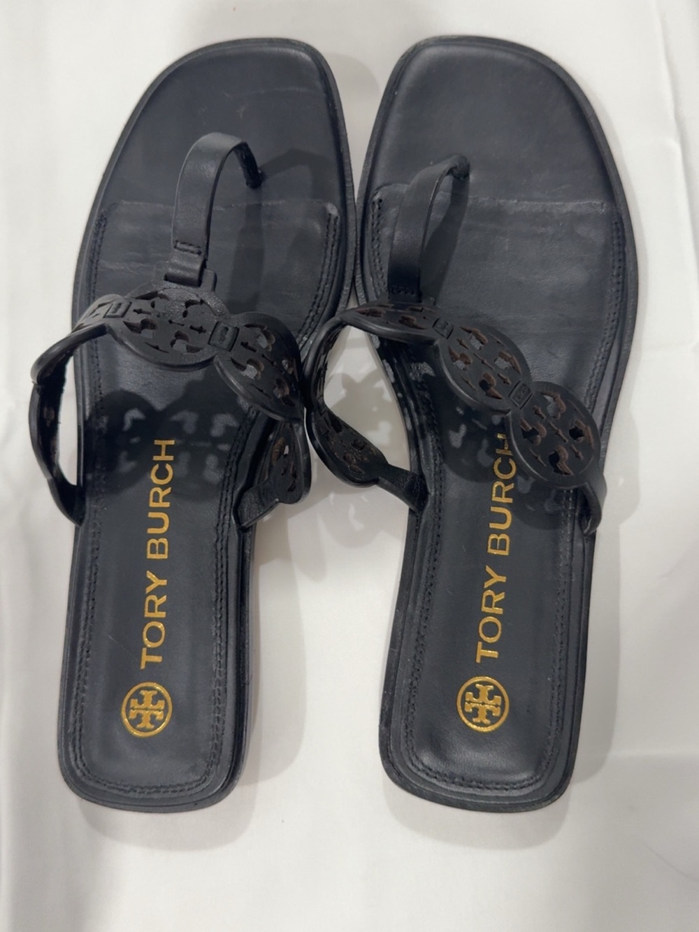Tory Burch Black Miller Logo Thong Sandals with Gold Branding